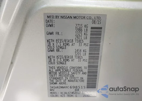 2015 Nissan Pathfinder Sv из США, поврежденный, VIN 5N1AR2MN4FC698515